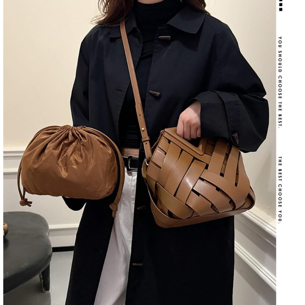 5830 Vegan Leather Clutch Purses Woven Bucket Crossbody Shoulder Bag - Picture 3 of 8